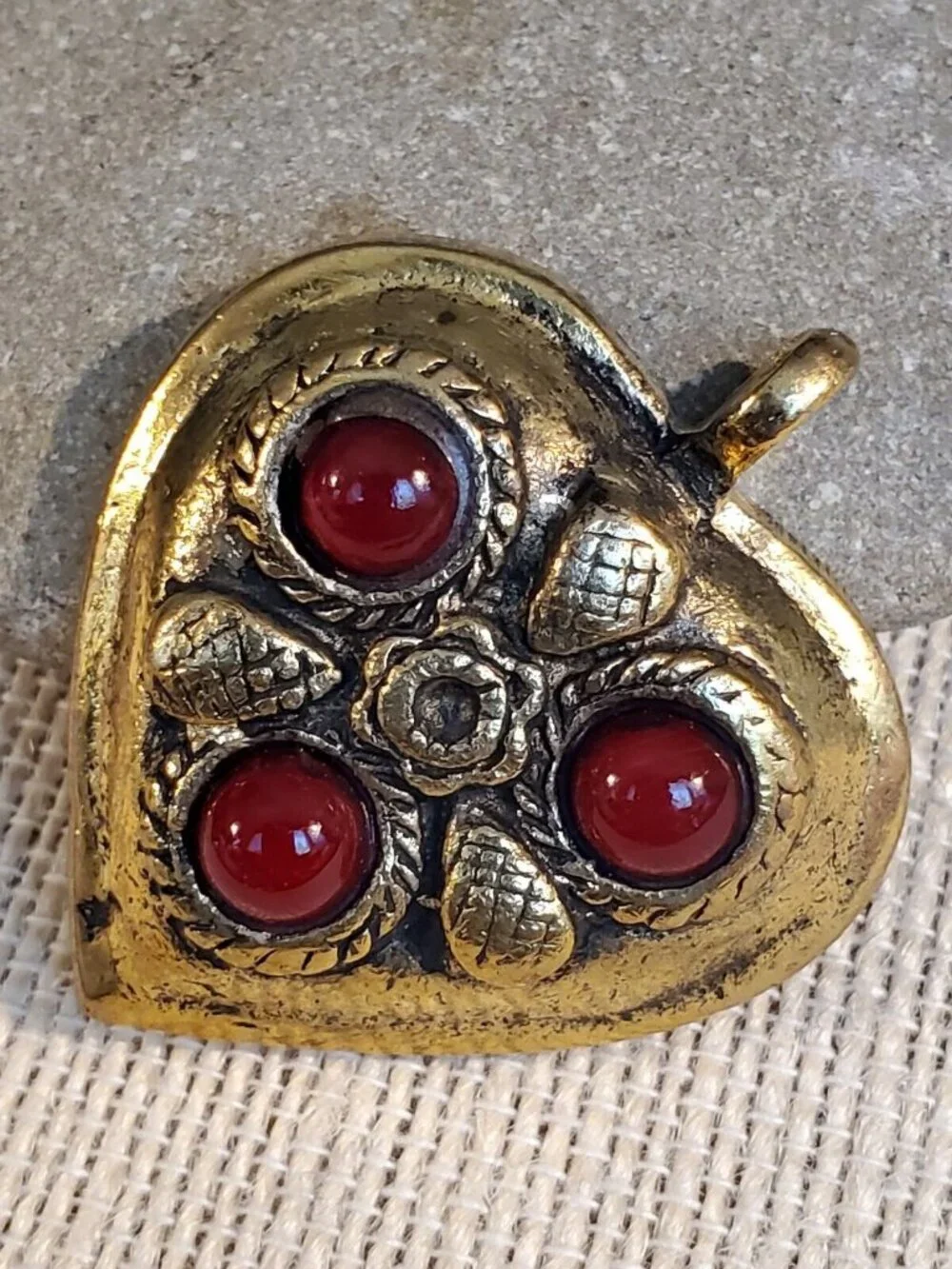 India Tribal Carved Heart Red Glass Cabs Antique Gold Aluminum Metal Pendant